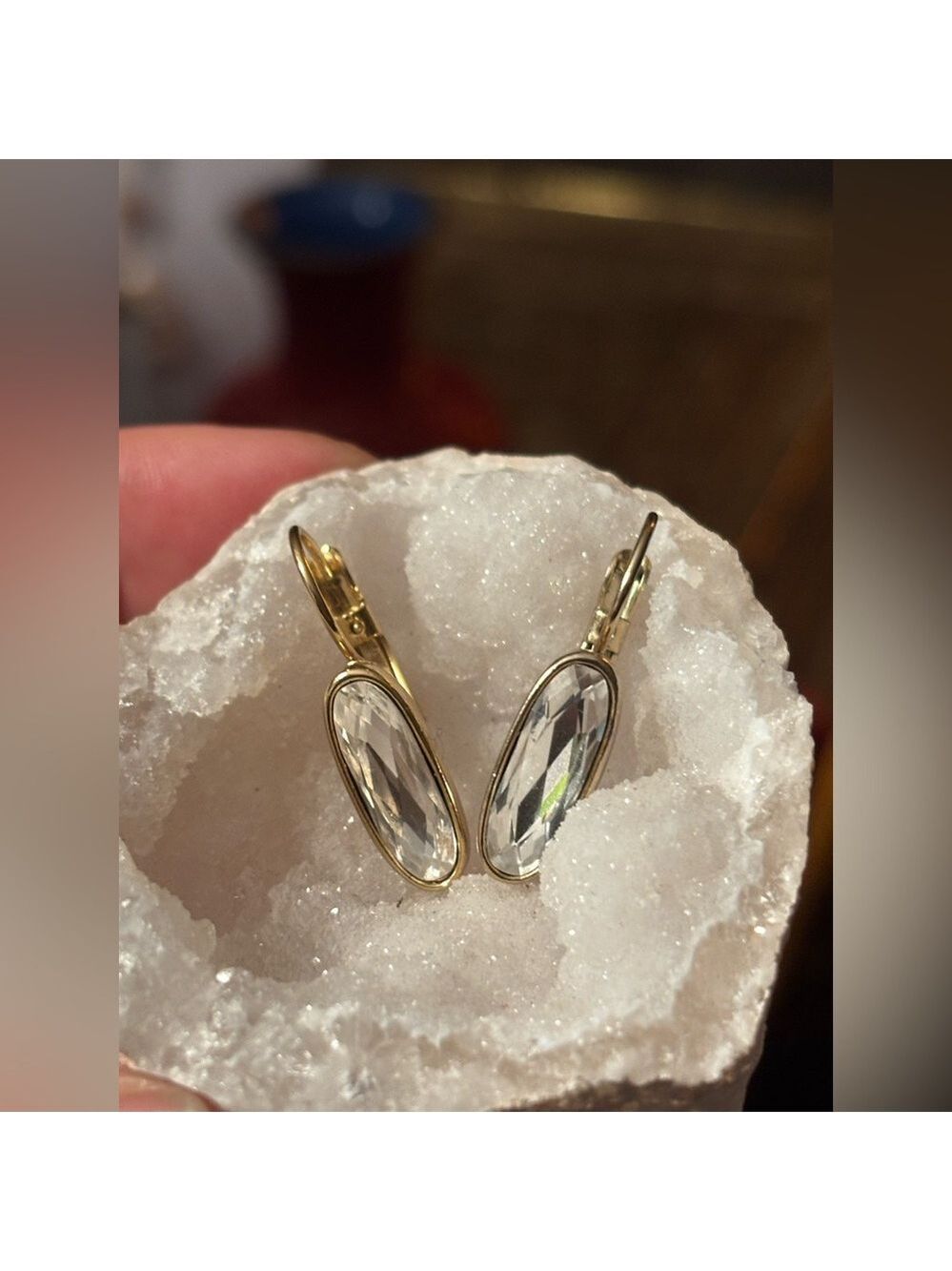 Vintage Style Gold Tone CZ Drop Earrings Elongated Oval Bezel Set Leverback